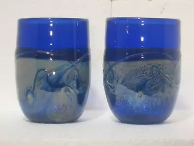 Buy Signed Handblown Cobalt Blue Swirl Abstract Art Drinking Tumblers Glasses • 52.79£