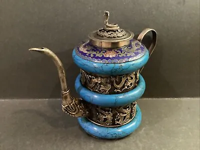 Buy Vintage Chinese Tibetan Metal & Turquoise Teapot W/Cloisonne Top & Snake Lid Sgd • 54£