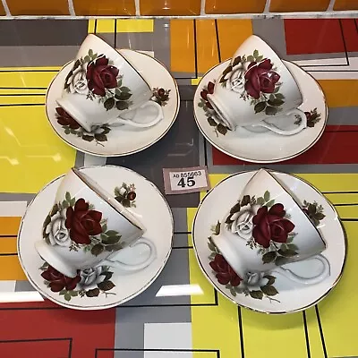 Buy VTG 8pc English Bone China Red Rose Floral Patterned 150ml Tea Cups & Saucers • 14.50£