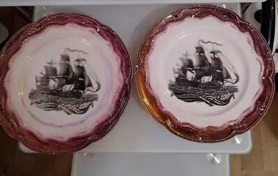 Buy 2 Grays Pottery Pink Luster Sailing Ship Boat  Plates 1939-53 England • 8£