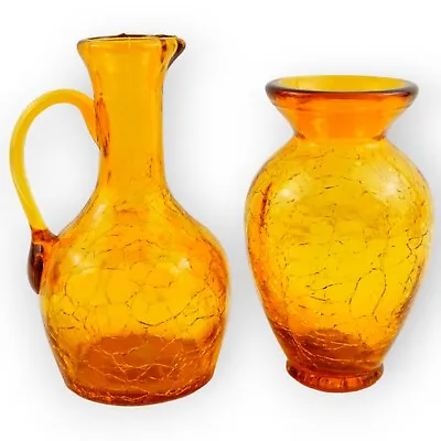 Buy Amber Crackle Glass Small Vase 4 1/2  & Pitcher 5 1/4  MCM Decor Vintage EUC • 19.17£