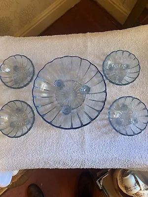 Buy Vintage Art Deco Stolzle Style Blue Large Bowl With 4 Smaller Bowl Pressed Glass • 25£