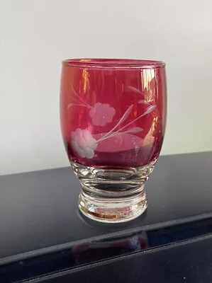 Buy Vintage Cranberry Flash Etched Flower Cordial Juice Glass • 8.50£