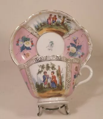 Buy Dresden Hand Painted Watteau Helena Wolfsohn Style Quatrefoil Cup And Saucer (1) • 34.99£