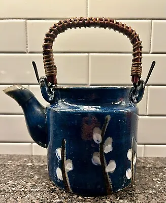 Buy Vintage Otagiri Pussywillow Blue Pottery Tea Pot Rattan Handle No Lid MINT *RARE • 9.49£