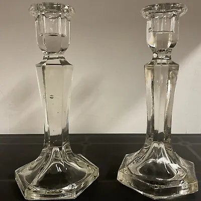 Buy VTG Pressed Clear Glass 2x Candel Holders 8’in Tall, 3.5’in Base. 2’in Top. • 14£