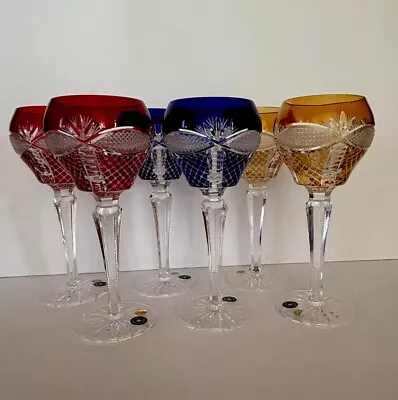 Buy BOHAMIA 6 CRYSTAL Multi-Colored Wine Glasses Hand Cut To Clear Overlay Czech FF • 246.67£