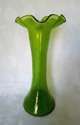Buy Green Crackle Glass Ruffled Rim Vase Flared Base 29.5cm Tall • 16.25£