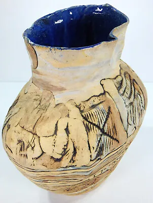 Buy Artist Signed Pottery Hand Thrown Vase Blue Glaze Inside Intricate Brutalist Vtg • 521.79£