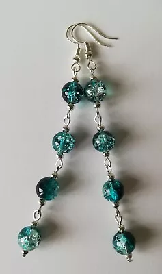Buy Extra Long Drop / Dangle Teal Blue Green Crackle Glass Beaded Earrings  • 4.99£
