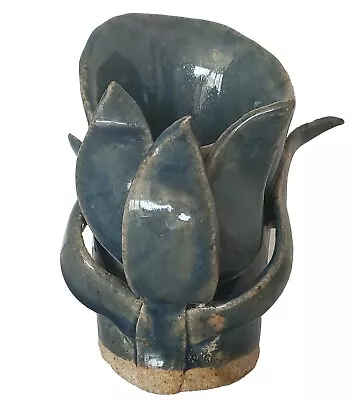 Buy Vintage Hand Made Studio Art Stoneware Pottery Bud Vase Blue Leaf 5  Signed MCM  • 25.03£