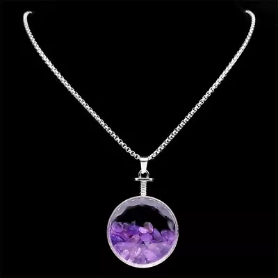 Buy Stainless Steel Amethyst Chip Glass Wish Bottle Necklace • 20£