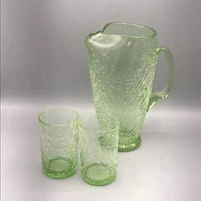 Buy Vintage Green Crackle Glass Tall Pitcher And 2 Small Glasses. • 46.45£