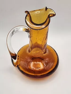 Buy Vintage Hand Blown Amber Crackle Glass Small Pitcher Vase With Clear Handle  • 17£