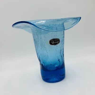 Buy Mcm Italy Bishoff Art Glass Hat Vase Blue Stylized Crackle Glass 5” Tall  • 36.50£