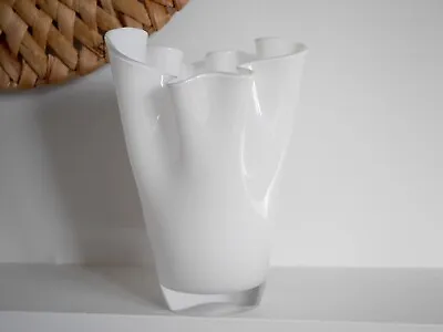 Buy White Art Glass Frill Flower Vase Ruffled Edge Handkerchief Italian Murano Style • 29£