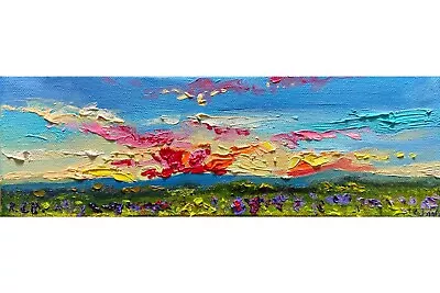Buy Oil Painting Original Art Landscape Lupine Field Flower Floral Sunset 4x12  • 78.74£