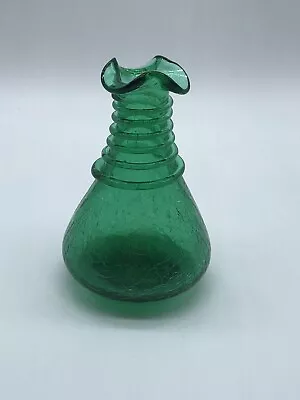 Buy Vtg Green Crackle Glass Applied Swirl Ruffle Bud Vase Hand Blown • 12.48£