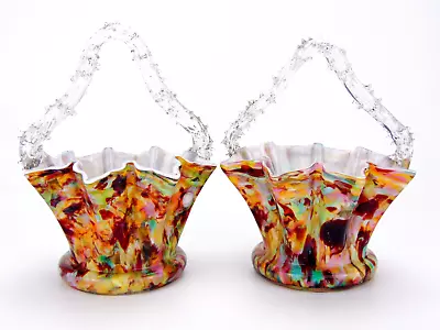 Buy Pair Of Antique Victorian Splatter Art Glass Baskets / Vases With Thorny Handles • 69.99£