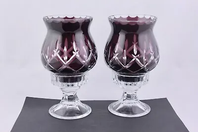 Buy Set Of 2 Amethyst Purple Cut To Clear Crystal Votives Hurricane Lamps • 144.07£