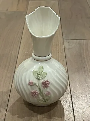 Buy Belleek Scroll Flower Pink Irish Porcelain Vase Gold Rim • 25.89£