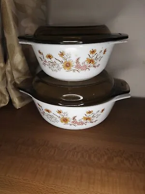 Buy 2x Vintage Pyrex Dishes, Country Autumn Flowers With Original Smoked Glass Lids • 26.95£