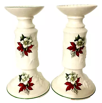 Buy Pair Vtg Palissy Ware Royal Worcester Candle Holders White W/Poinsettias 7 H EUC • 17.06£