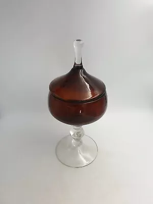 Buy Vintage Lidded Amber Glass Clear Stemmed Tall Apothecary Bonbon Cotton Wool Jar • 36.99£