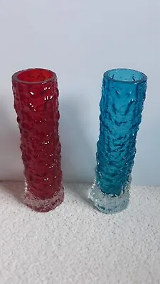Buy Two Whitefriars Glass Bark Vase Blue & Red 140 Mm • 150£