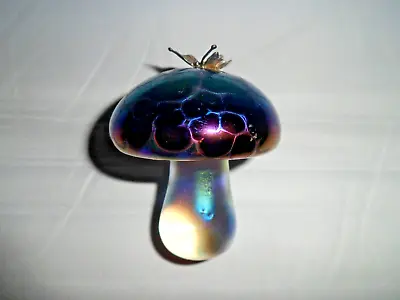 Buy John Ditchfield Glass Mushroom Iridescent-Blue Paperweight With Silver Butterfly • 64.99£