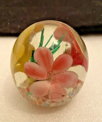 Buy RARE VINTAGE 1940s-1960s MID-CENTURY GLASS PAPERWEIGHT PINK YELLOW RED FLOWERS • 33.21£