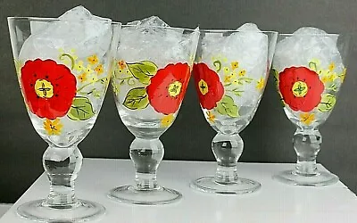 Buy Vintage Hand-Painted Red Flower Set Of 4 Water Goblets Mid-Century Glassware New • 95.28£