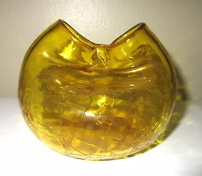 Buy Crackle Glass Pinched Vase Yellow Amber Two Holes Ivy 3.5  X 4  Unique Glow • 18.89£