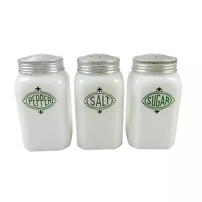 Buy McKee Milk Glass Salt Pepper Sugar Shakers Green Paint Vintage 1940s Metal Lids • 66.52£