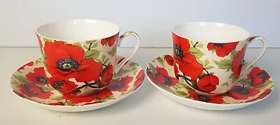 Buy VINTAGE Empire Ware Set Of 2 Poppy Cups & Saucers Fine Bone China Red Cream Vgc • 12£
