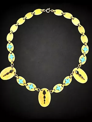 Buy Vintage Art Deco Blue Czech Cut Poured Glass Flower Brass Panel Choker Necklace • 132.19£
