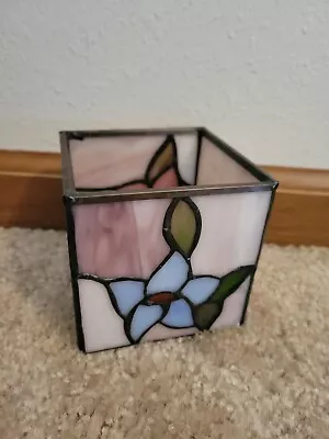 Buy Hand Crafted Sturdy Stained Glass Floral Blue & Pink Flowers Candle Holder • 14.25£