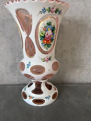 Buy Antique Bohemian Cased Glass Vase White Over Peach With Lens Cut Detail • 87.95£