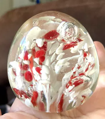 Buy Vintage Art Glass Controlled Bubble - Small Red White Floral Glass Paperweight • 9.46£