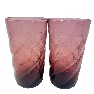 Buy Set Of 2 Hand Blown Tumbler Amethyst Crackle Glass Swirl VTG Tea Water Barware • 17.78£