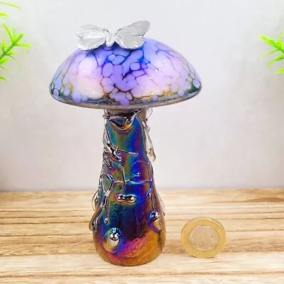 Buy Neo Art Glass LARGE Handmade Iridescent Purple Mushroom Paperweight Butterfly • 32£