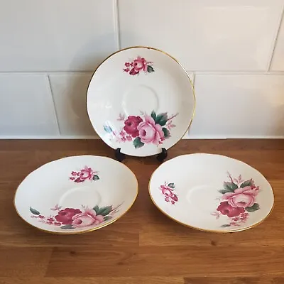 Buy 3 X Queen Anne Bone China Saucers  Red & Pink Rose Pattern G 77 7 • 5.99£