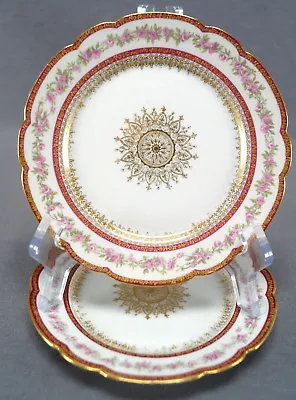Buy Pair Of GDA Limoges Pink Rose Gold Medallion & Maroon Bands Bread Plates • 62.73£