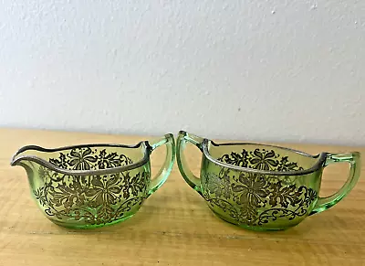 Buy Indiana Style Crystal Glassware Silver Overlay Sterling Vintage Green 2pc Set • 23.72£