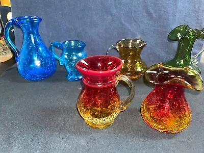 Buy Vintage Lot Of 6 Crackle Glass Colorful Handblown Art Glass Mini Pitchers Vases • 46.03£