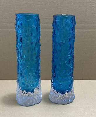 Buy 2 X Whitefriars Geoffrey Baxter Kingfisher Blue Bark Small Finger Vase 1960’s • 84.95£