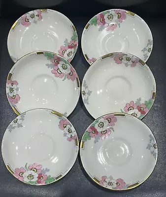 Buy New Chelsea Staffordshire Bone China LAMORNA 5 Saucers 5 ½” Floral Pink Gold Rim • 1.99£