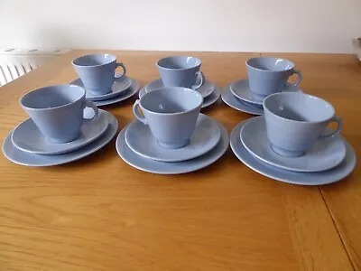 Buy 6 Woods Ware Iris Trios - Cups Saucers Plates - Blue WW2 Utility Ware • 25£