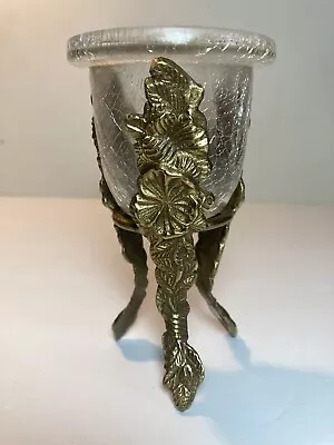 Buy Vintage Crackled Glass Flower Vase With Brass Holder Stand 5.25” • 13.70£