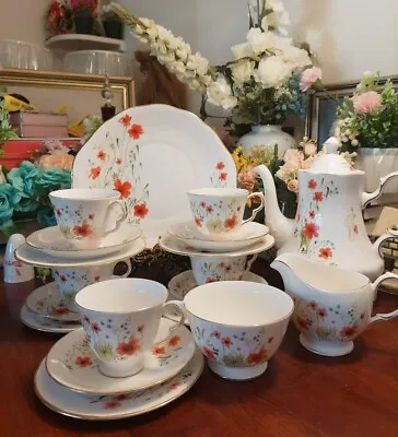 Buy Vintage Colclough Poppy Flower Teacup Trio And Teapot Set • 210.68£